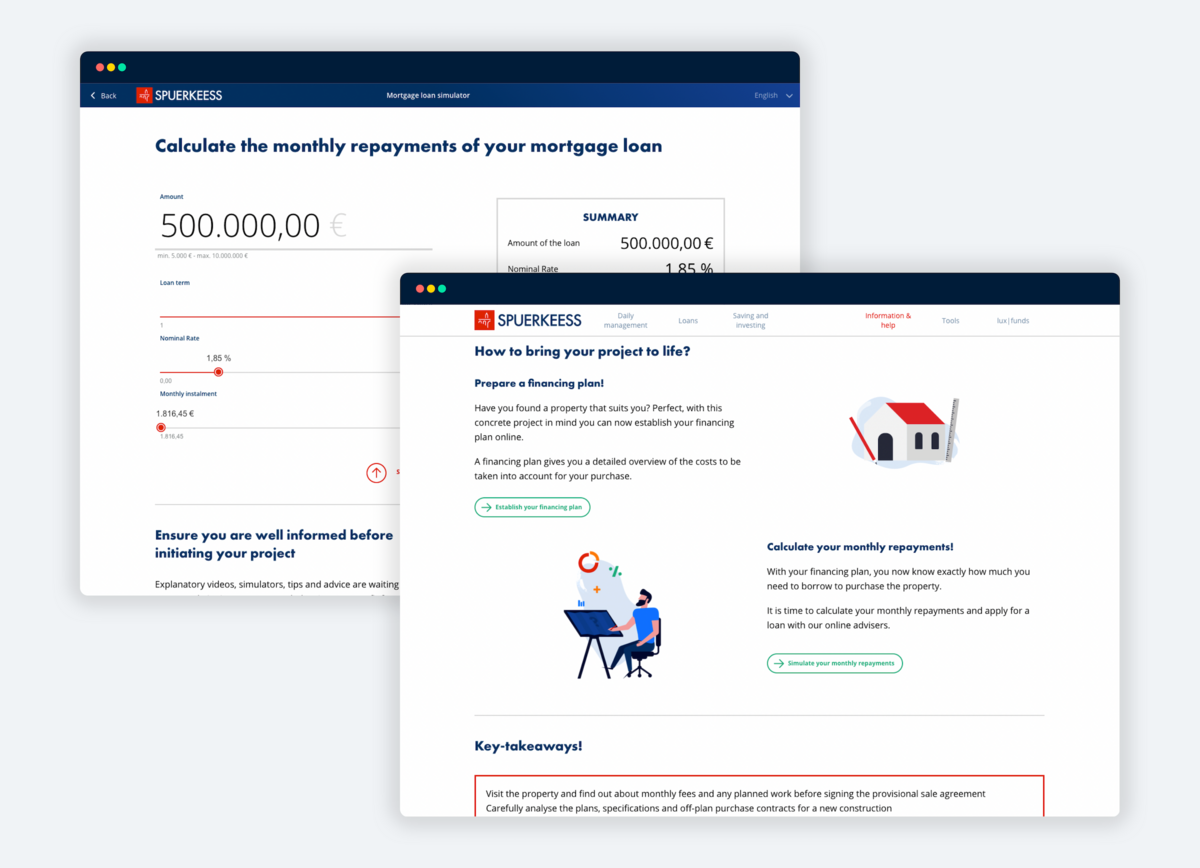 Desktop device featuring the Spuerkeess' Mortgage Simulator and user experience on how to proceed to request a housing loan