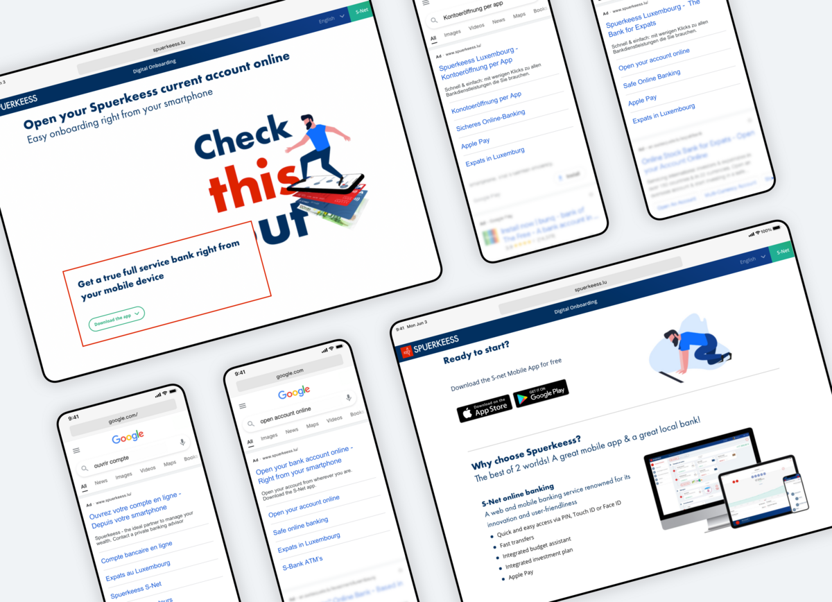 Devices featuring Google text ads and Spuerkeess marketing landing pages for the mobile app onboarding