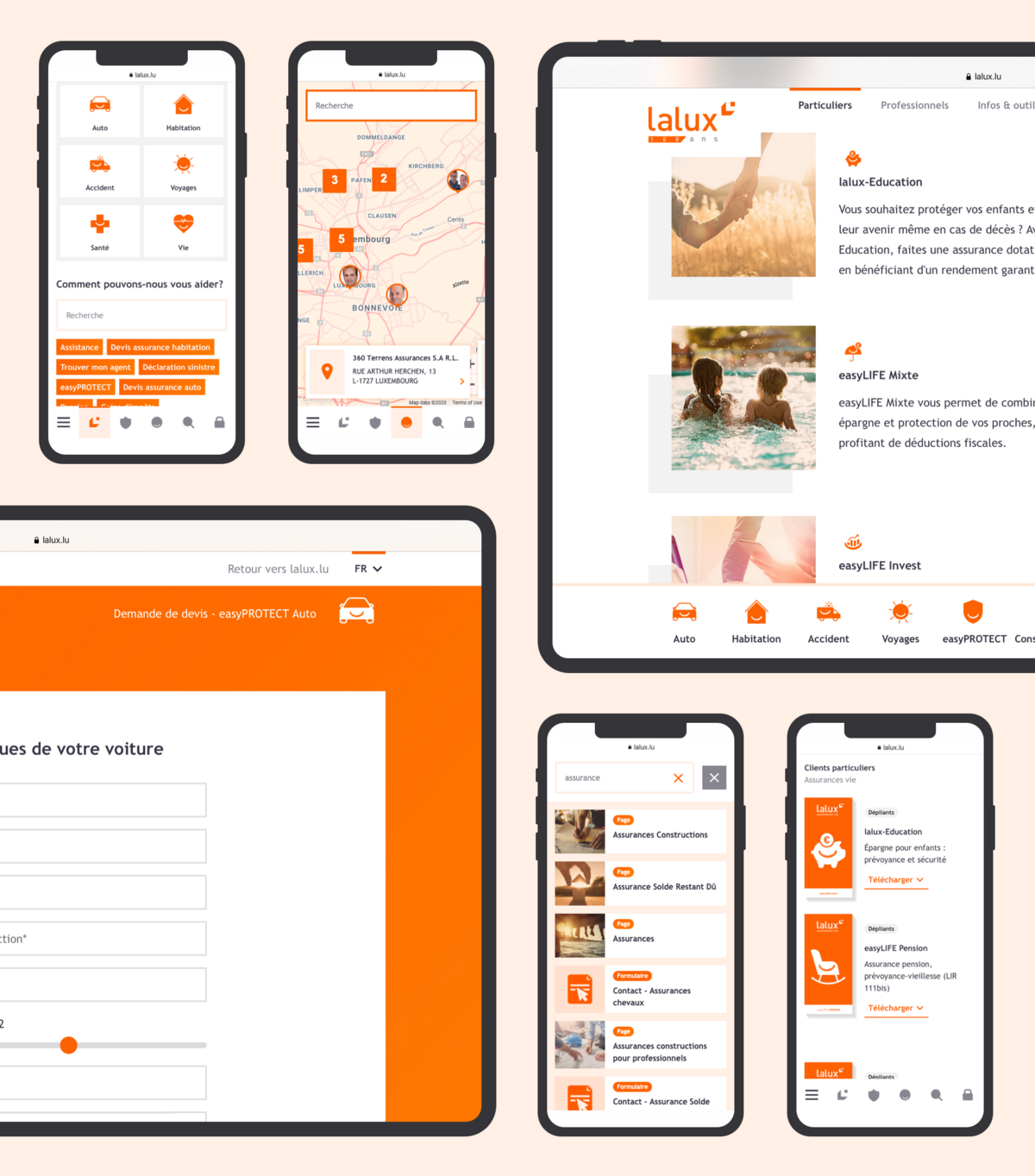 Ipad and Iphone screens of the Lalux website design