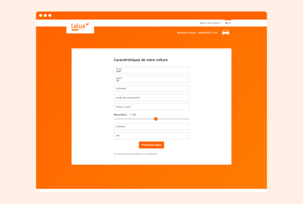 Form on the Lalux website for a car insurance